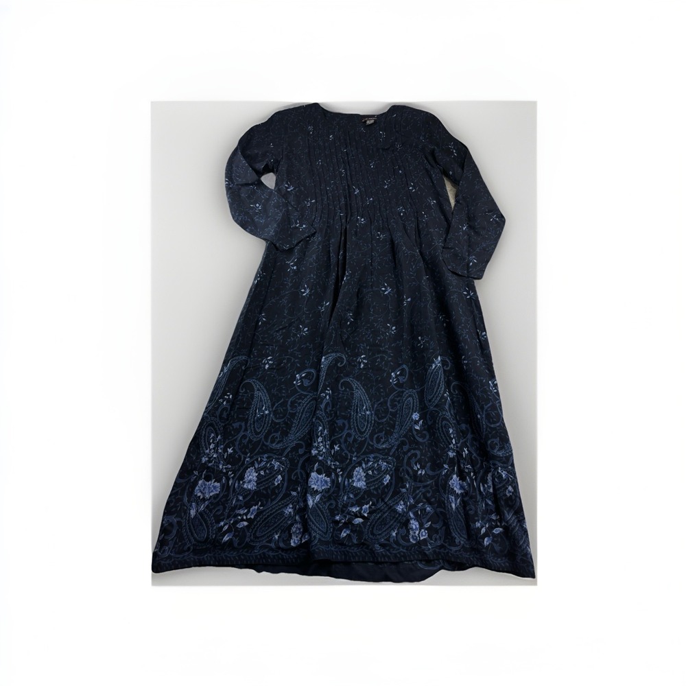 VTG JG Hook Women's L Blue Maxi Dress Floral Maxi Pintuck Tie Back Cottagecore